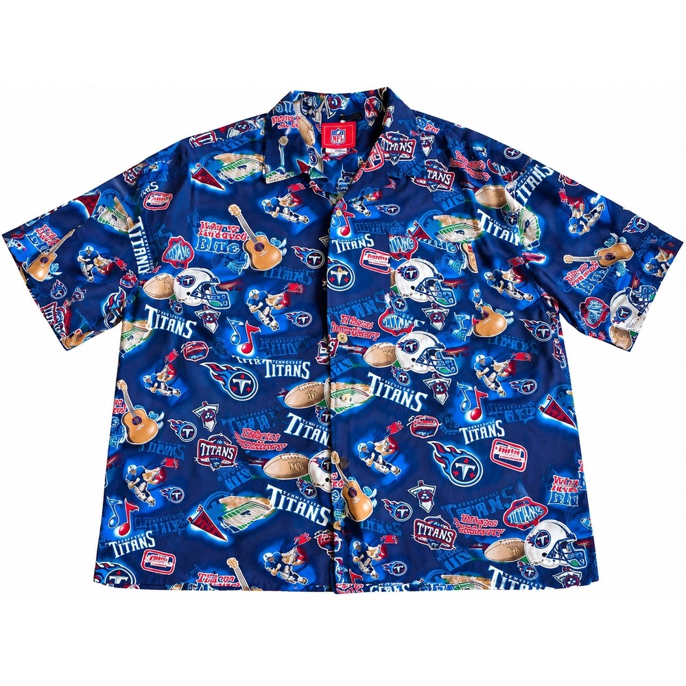 Y2K VTG NFL Tennessee Titans 2XL Rayon Button Up Shirt All Over Print Music City